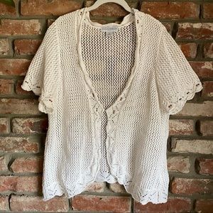 Sag Harbor Open Knit Crochet Short Sleeve Cardigan
